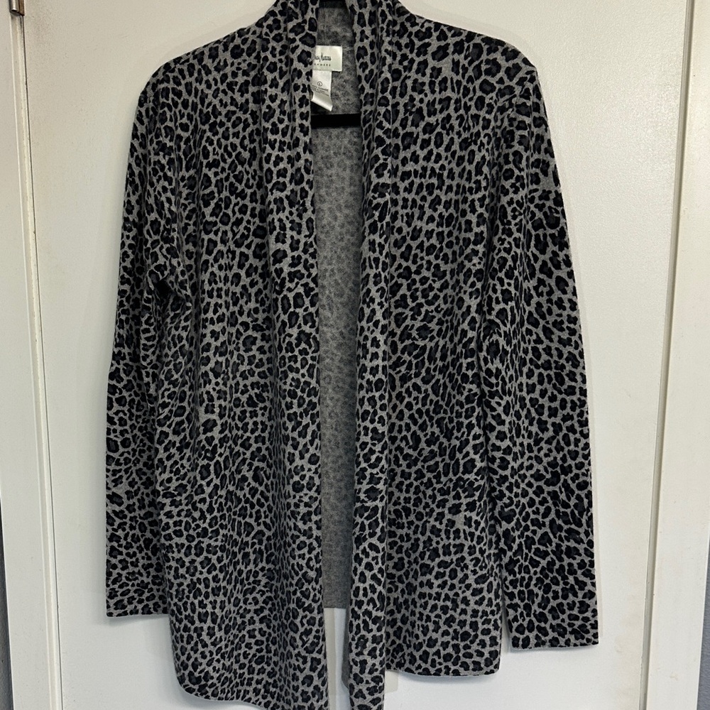 Neiman Marcus Black and Gray Animal Print Cashmere Cardigan